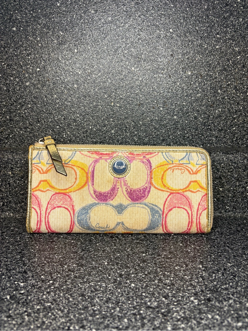 Coach Multicolor Signature Print Zip Around Wallet with Gold Accents